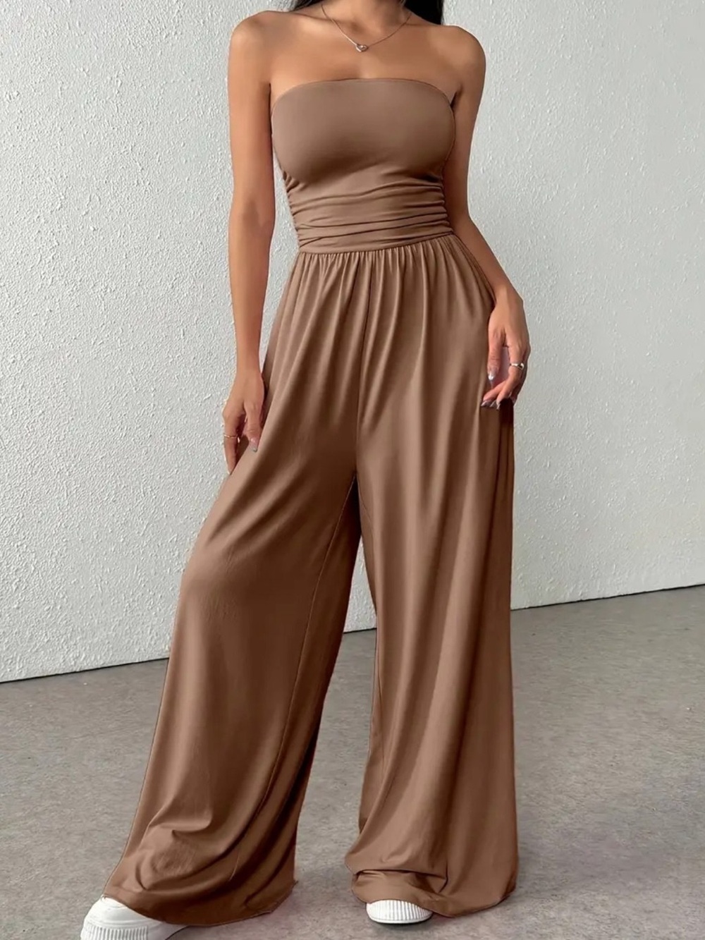 Strapless Wide-Leg Jumpsuit in Brown